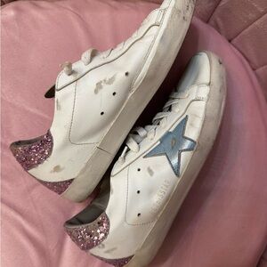 Golden Goose White Super-Star Sneakers with Pink Glitter Heel & Blue Star Insole